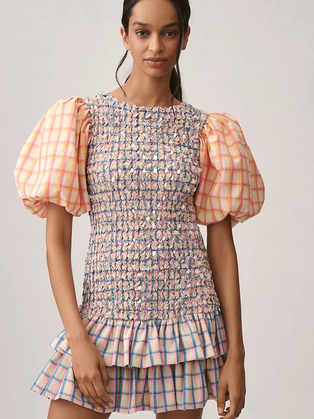 Celia B Girls XL Multicolor Smocked Plaid Puff Sleeve Ruffle Hem Dress